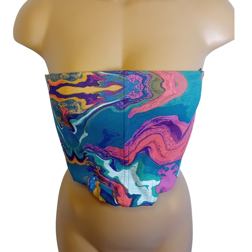Forever 21 Abstract Print Art To Wear Lace-Up Corset Crop‎ Top Boho Festival L
